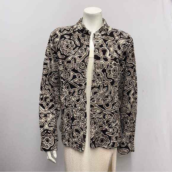Chico's Net Scroll Marcel Fudge‎ Jacket NWT Brown Khaki Glass Beads Size 2 - Picture 1 of 7